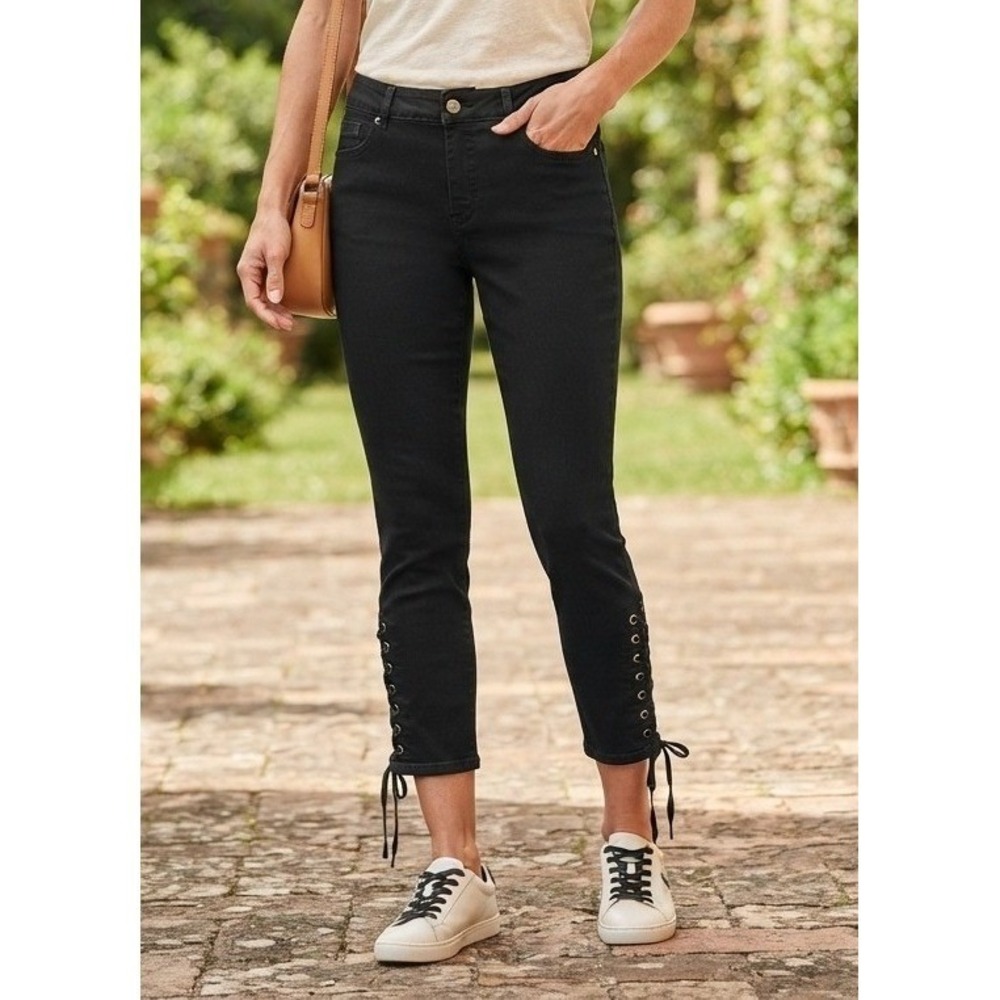 Signature Studio Lace Up Ankle Hem Skinny Pants Women's 12 Black Cotton Stretch